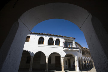 Arcade, main square or plaza mayor of Garrovillas de Alconetar, Caceres, Extremadura, Spain