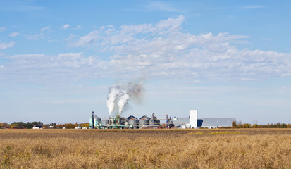 Fototapeta na wymiar Smoke billowing out of smoke stacks at an industrial agriculture processing plant in autumn landscape
