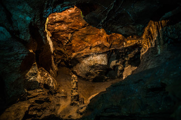 underground cave. The light in the cave. Cave life

