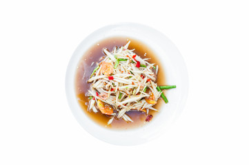 papaya salad on white dish isolated on white background ,thai food style