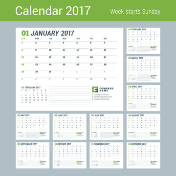 Calendar Template for 2017 Year. Business Planner 2017 Template. Stationery Design. Week starts Sunday. Set of 12 Months. Vector Illustration