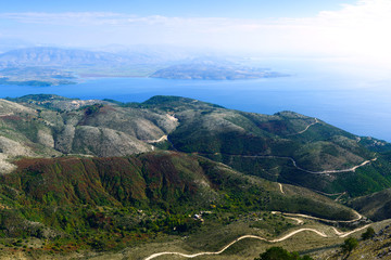 Obraz premium Panoramic view from the mountain Pantokrator on Albania. The north side of the island of Corfu. Greece