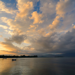 Sunset with fishing boats. Corfu. Greece