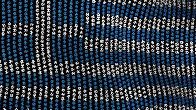 Flag of Greece, consisting of many soccer balls fluttering in the wind, on a black screen.