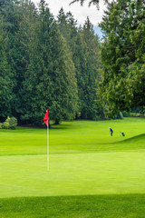 Golf course with red flag in front and green on background.