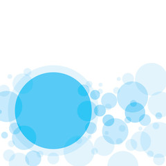 Transparent crossing circles abstract background. Sky blue bubbles randomly placed on white backdrop and blank big circle with space for your text or symbols. Easy editable vector eps10 illustration.