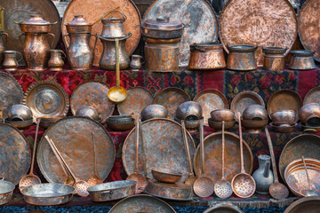 Copper utensils at flea market in Yerevan, Armenia