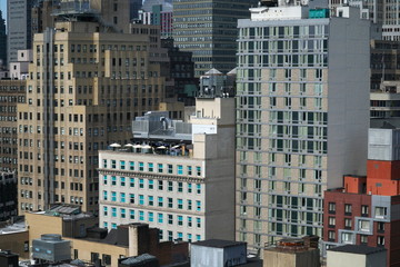 Aerial view establishing photo overlooking New York City apartment buildings in midtown Manhattan...