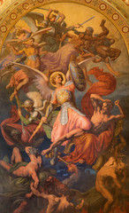 VIENNA - JULY 27: Archangel Michael and war with the bad angels  scene by Leopold Kupelwieser from 1860 in nave of Altlerchenfelder church on July 27, 2013 Vienna.