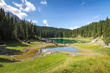 Fototapeta na wymiar Famous Lake Carezza in Val di Fassa region, Dolomites, Italy