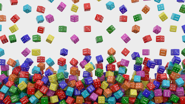 Tens of colored dice falling from above