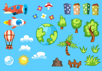 Set of cartoon objects houses in different colors, green trees, white clouds, planet earth, sun and moon, air balloon, vintage aircraft  rocket, mushroom  flowers, fence  mountain