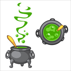 Cartoon cauldron with green boiling poison and golden spoon, side  top view