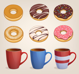 Donuts, sweet snack. Vector illustration on light background. Icon. Several cups tea