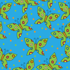 Seamless with drawn butterfly with flower on the blue background