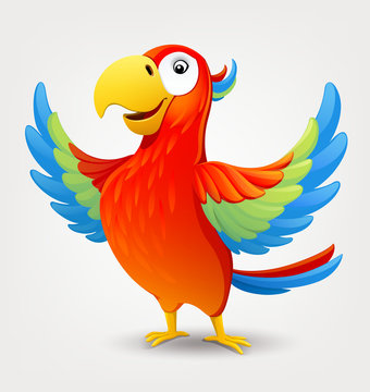 Cartoon cute parrot. Vector illustration on light background.
