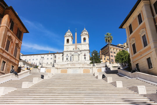 Fototapeta Spanish Steps in Square of Spain, Rome, Italy at morning with blue sky in the unusual situation without people