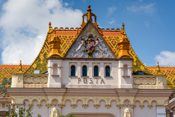 Beautiful facade of the post office in Pécs, of Hungary, 18 aug