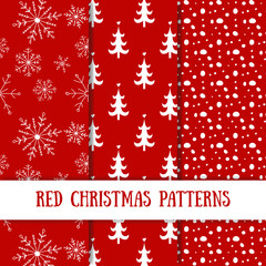 Set of seamless vector Christmas red patterns. Creative Christmas and New Year design. Holiday red background.