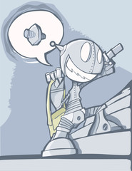 Vector illustration of a very enthusiastic robot walking up the stairs with a green bag