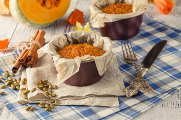 Sweet pumpkin souffle , selective focus