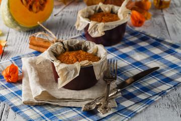Sweet pumpkin souffle , selective focus