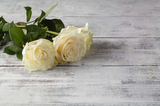 white roses on a wooden table