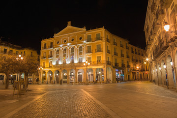 Fototapeta na wymiar SEGOVIA, SPAIN, APRIL - 13, 2016: The Juan Bravo theater on the Plaza Mayor square at night.