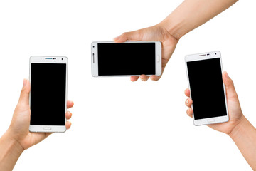 collection of women hand holding white mobile smart phone with b