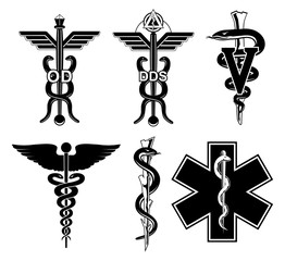 Medical Symbols-Graphic is an illustration of six medical symbols. Optometry, dentistry, veterinary, Caduceus, Rod of Asclepius, and the Star of Life.