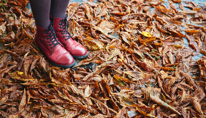 Fall, autumn, leaves, legs and red shoes.