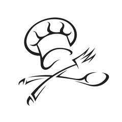 monochrome image of chef hat with spoon and fork
