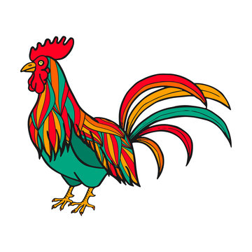 Hand-drawn vector colorful rooster. Isolated on a white background symbol of the new year 2017.