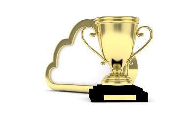 Isoalted golden cup with cloud on white background. Concept of cloud storage competition. Leader cloud drive. Best storage contest. 3D rendering.