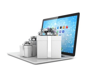 Gift box with ribbon bow on laptop keyboard. 3d rendering.