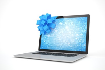 Laptop with blue bow and blue screen. 3D rendering.