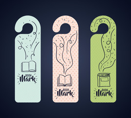 Bookmark label tag with book icon. Guidebook decoration reading and literature  theme. Colorful design. Vector illustration