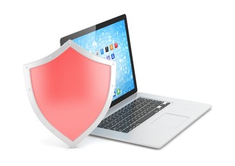 Laptop and shield on white, computer security concept. 3d rendering.