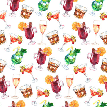 Watercolor exotic drink alcohol cocktail seamless pattern texture