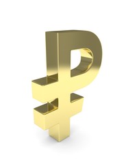 Isolated golden ruble sign on white background. Russian currency. Concept of investment, russian market, savings. Power, luxury and wealth. Russia, Belarus. 3D rendering.