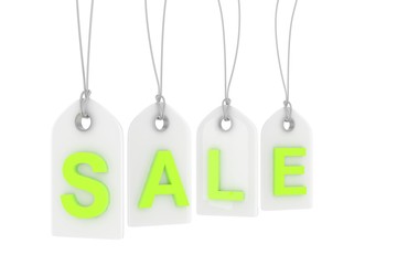 Colorful isolated sale labels on white background. Price tags. Special offer and promotion. Store discount. Shopping time. Green letters on white labels. 3D rendering.