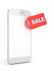 White smart phone with red price tag on white background. Identification, price, label. 3D rendering.