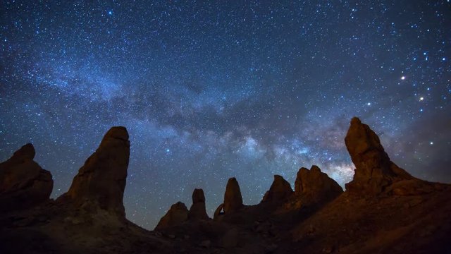 Motion controlled astrophotography time lapse with pan right motion of Milky Way galaxy rising over tufas at Trona Pinnacles, California