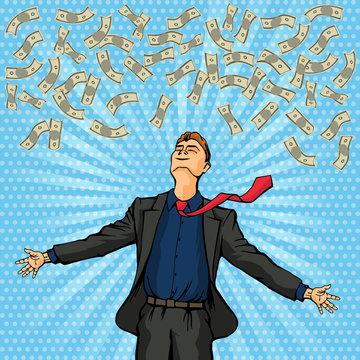 Happy man throws money