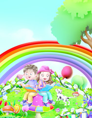 Obraz na płótnie Canvas Kids near Rainbow
