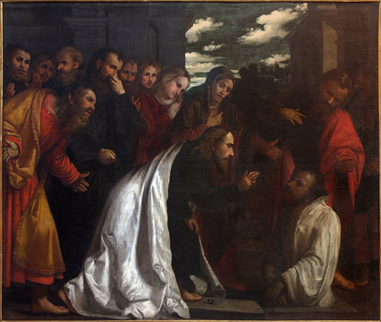 BRESCIA, ITALY - MAY 23, 2016: The painting of Resurrection of Lazarus in church Chiesa di San Giovanni Evangelista by Girolamo Romani - Romanino (1484 - 1559).