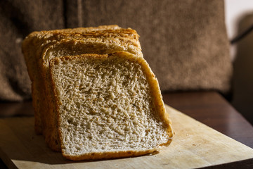 Wheat bread is cut into pieces.