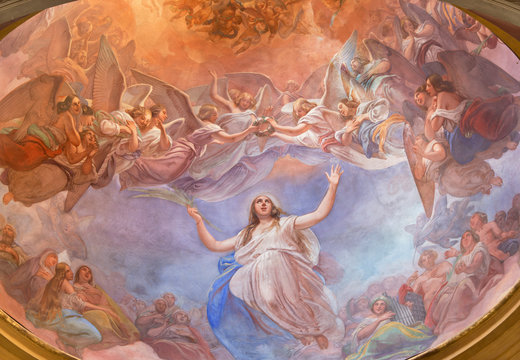 CREMONA, ITALY - MAY 24, 2016: The Apotheosis of St. Agata fresco on the cupola in church Chiesa di Santa Agata by Giovanni Bergamaschi from end of 19. cent.