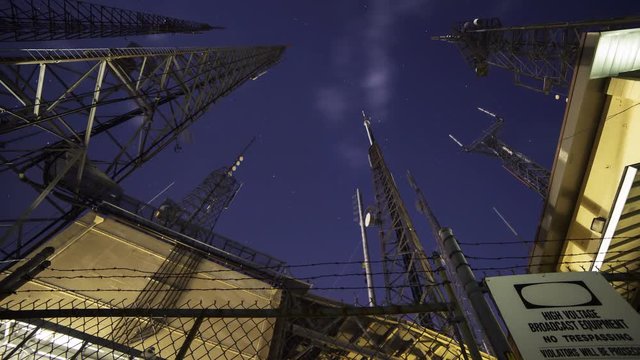 Time Lapse with pan right motion of broadcast radio tower at night shot through storm clouds at Mt. Wilson, California