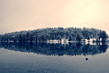 Snowy winter landscape on the lake in black and white., with trees reflecting on still water surface. Monochrome image filtered in nostalgic, retro, vintage style with soft focus and red filter. - 123013779